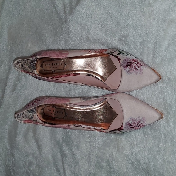 Ted Baker Shoes Ted Baker Pink Satin Floral Heels With Rose Gold
